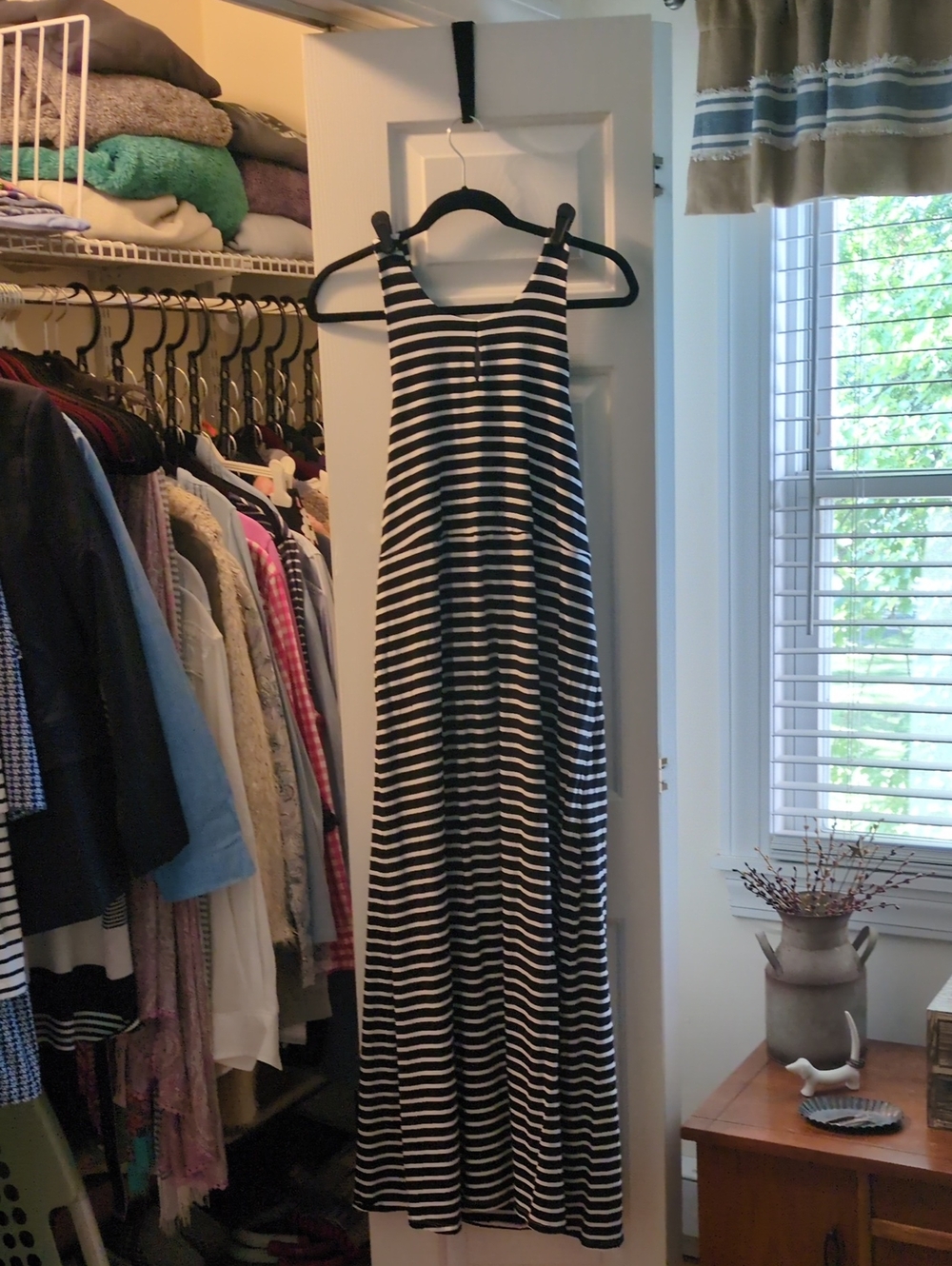 Lands' End Black and White Striped Halter Tie Maxi Dress